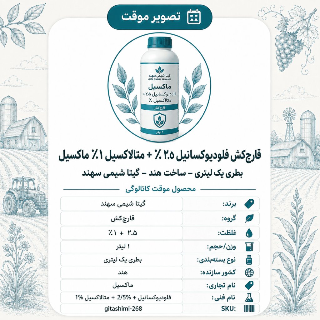 قارچ‌کش فلودیوکسانیل ۲.۵٪ + متاالکسیل ۱٪ ماکسیل – هندی – گیتا شیمی، بطری ۱ لیتر
